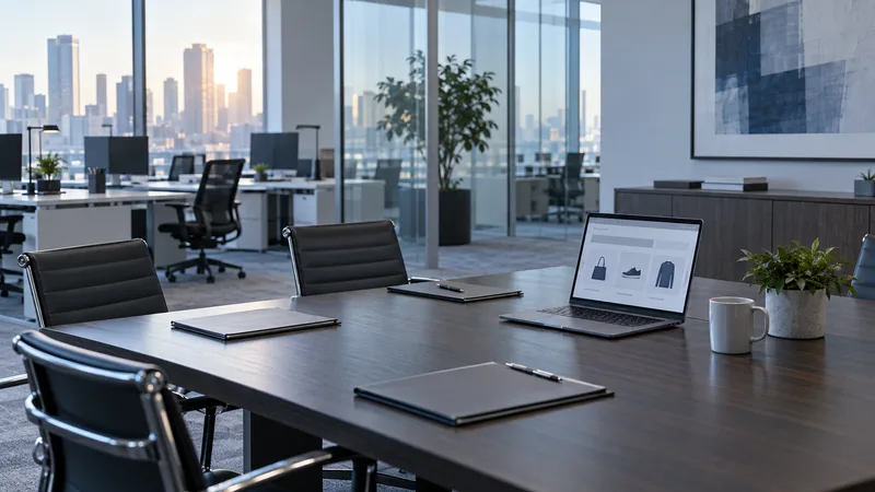 An empty open-plan office with a meeting table and blank folders, illustrating an organizational review.