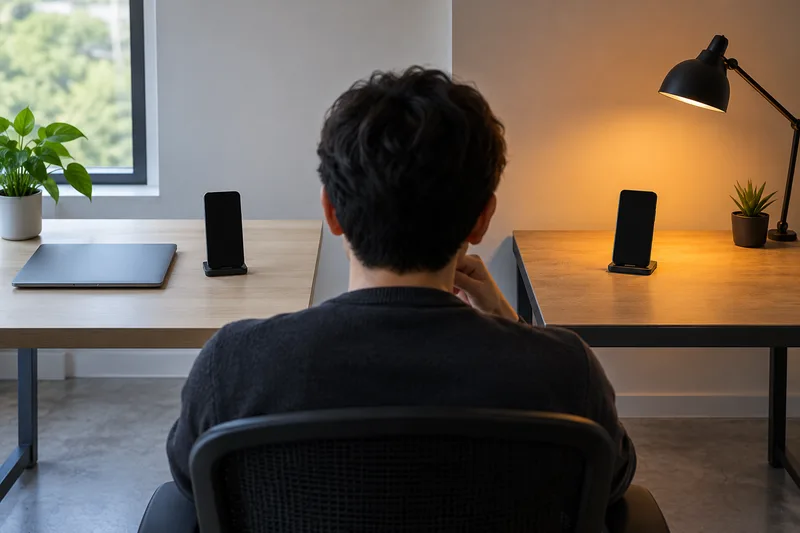A developer considers two generic test-phone setups, one in neutral light and one under an amber test lamp.