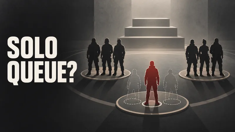 Concept illustration of anonymous squad silhouettes, one solo figure with two open places, and the words SOLO QUEUE?