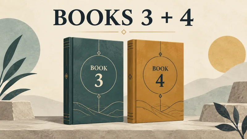 Concept diagram of two plain story volumes labeled “BOOK 3” and “BOOK 4,” beneath the words “BOOKS 3 + 4.”