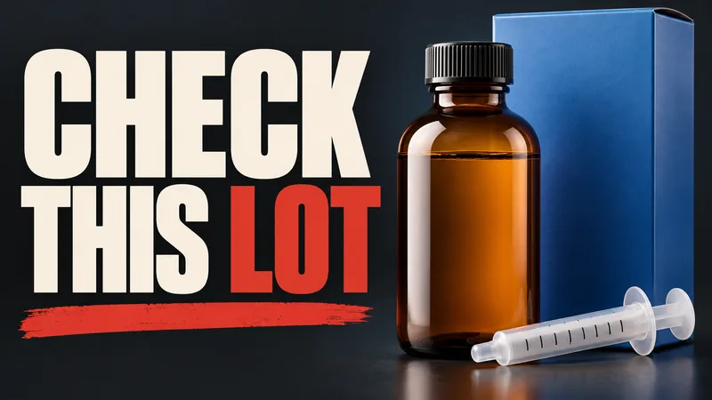 Concept illustration of an unmarked amber bottle, oral syringe and blue box beside the words CHECK THIS LOT.