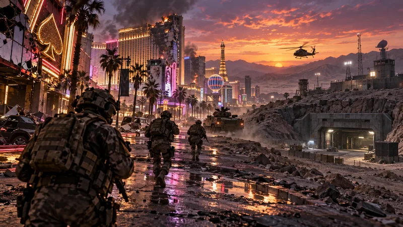 Soldiers move from a neon Las Vegas-style street toward a desert military installation.