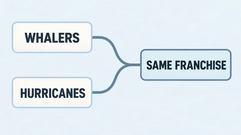 Two unbranded name cards, WHALERS and HURRICANES, connect to one box labeled SAME FRANCHISE.
