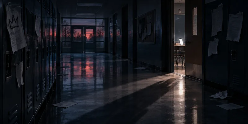 An empty high-school corridor at dusk, with a lit phone in a classroom doorway and an anonymous shadow across the floor.