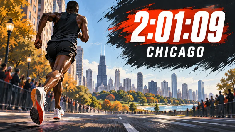 Concept illustration of an anonymous runner charging along a Chicago street, with the winning time 2:01:09 and CHICAGO in bold white type.