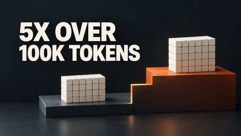 Concept illustration of whole token-request blocks on two stepped price bands beneath the words 5X OVER 100K TOKENS.