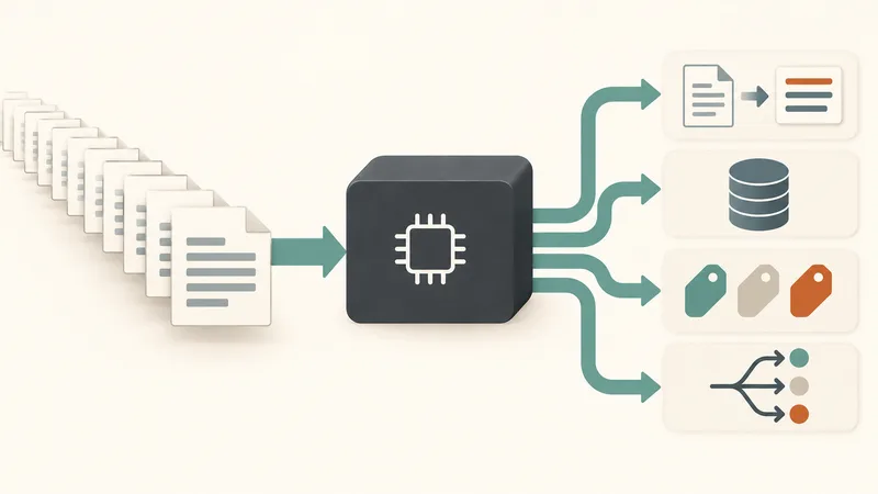 A stream of repeated request sheets enters a neutral model block and branches into summary, database, sorting and routing outputs.