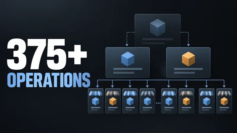 An abstract three-level network of generic blocks feeds small storefront shapes beside the words “375+ OPERATIONS.”