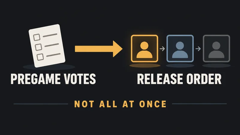 A pregame ballot points to an ordered queue, with NOT ALL AT ONCE beneath it.
