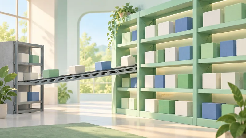 Concept illustration of unlabelled software-package boxes moving along a conveyor from a small older rack into broad, stocked pale-green shelves, representing JSR continuing as its infrastructure moves to Cloudflare.
