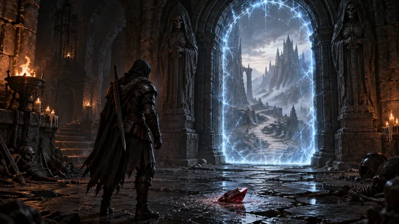 An anonymous adventurer faces a glowing portal with a red shard on a dark dungeon floor.