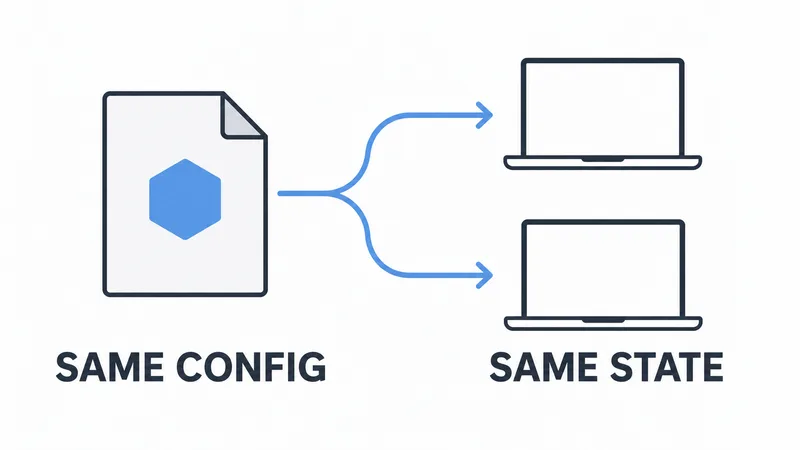 A plain sheet with one abstract symbol branches to two identical blank laptop outlines labeled “SAME CONFIG” and “SAME STATE.”