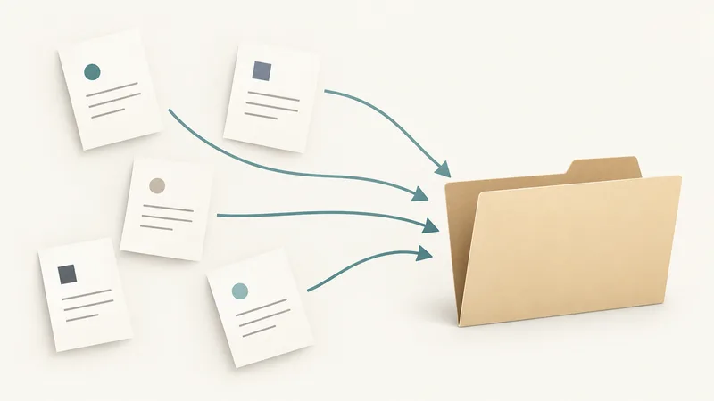 Plain incident-report slips with simple geometric marks flow into an unbranded folder; the slips are symbolic and do not represent an exact count.