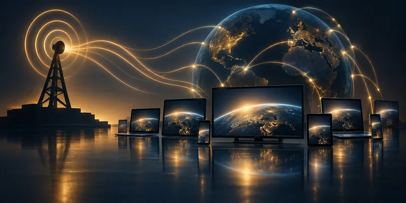 Broadcast antenna sends gold signal lines toward a globe and unbranded screens, illustrating the Emmys’ move to global streaming.