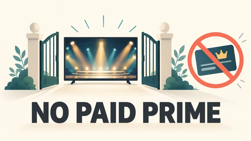 Concept diagram with the words “NO PAID PRIME,” a generic television behind open gates and a crossed-out paid membership card.