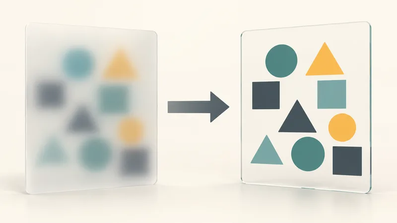 Unmarked geometric shapes appear blurred behind a frosted panel and clear through a transparent pane into a blank information card.