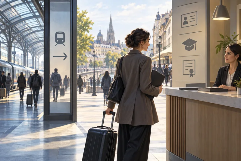 A traveler with a work portfolio pauses at an unmarked service counter in a European transit concourse.