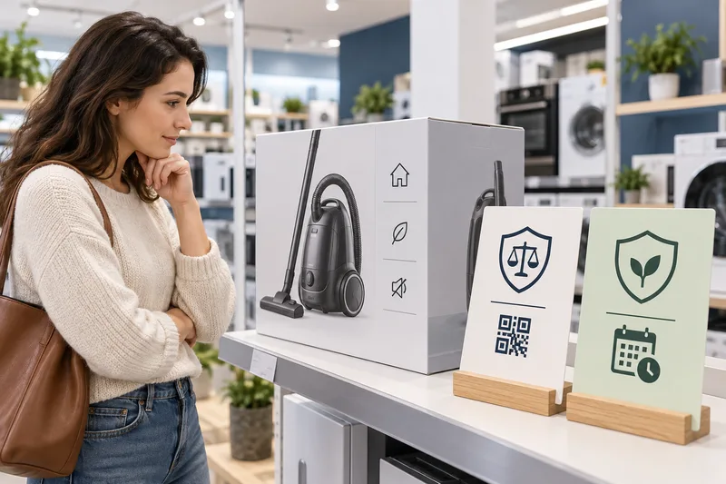 A shopper compares a household appliance with generic cards representing legal rights and a durability promise.