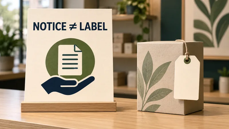 Concept shop-counter illustration separating a general rights notice from a product-specific tag under NOTICE ≠ LABEL.