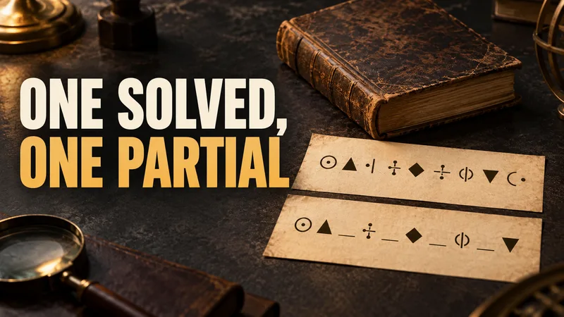 A generic old book sits behind two abstract cipher-like strips, one complete and one interrupted, beside “ONE SOLVED, ONE PARTIAL.”