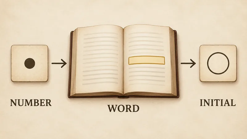 A generic number symbol points to one highlighted blank word line in an open book, then to an empty initial tile under the labels NUMBER, WORD and INITIAL.