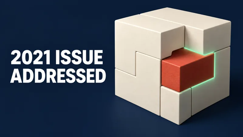 A brick-red block fits into a gap in a pale modular structure beside the words “2021 ISSUE ADDRESSED.”