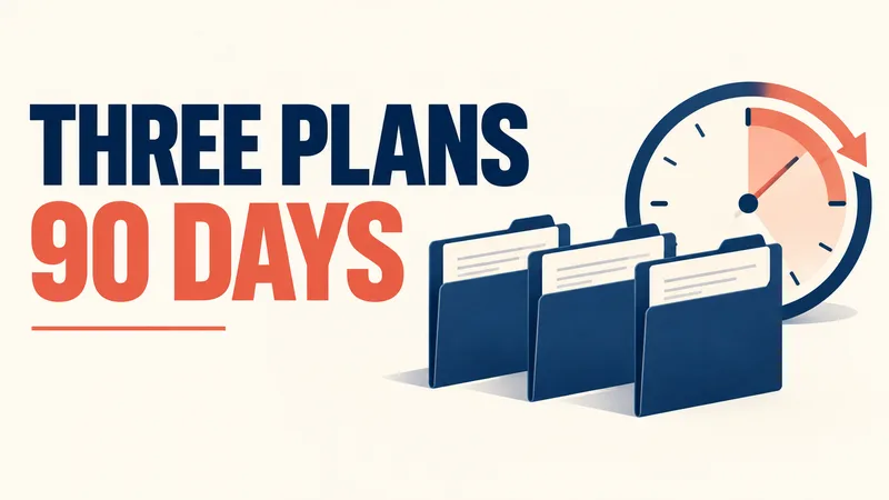 Three blank compliance-plan folders sit beside a 90-day clock under the words ‘THREE PLANS / 90 DAYS.’