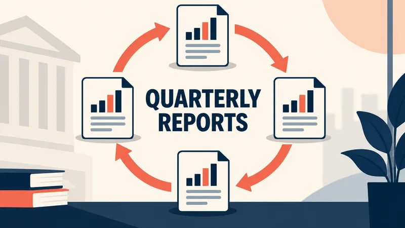 A repeating cycle of blank progress-report cards surrounds the words ‘QUARTERLY REPORTS.’