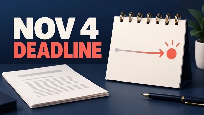 A blank calendar card and coral extension arrow beside a proposal document, with the words ‘NOV 4 DEADLINE.’