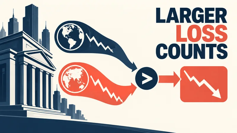 Two abstract global-market-shock paths feed a comparison symbol and one highlighted loss outcome under the words ‘LARGER LOSS COUNTS.’