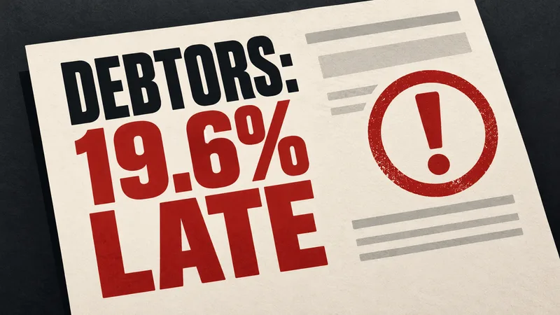 Concept illustration of a payment statement marked “DEBTORS: 19.6% LATE” beside a red alert symbol.