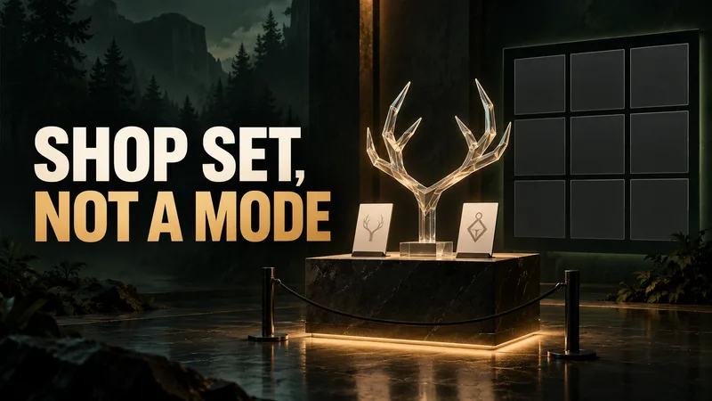 A generic glowing antler sculpture stands on a display plinth beside blank accessory cards and an inactive tile grid under the words SHOP SET, NOT A MODE.