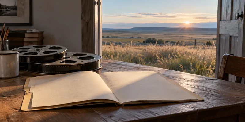Blank archive folders and film reels sit on a table facing dawn light over an open prairie.