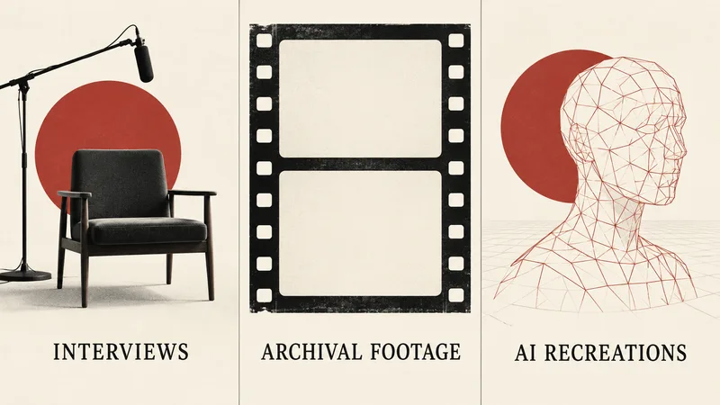 Concept illustration of the documentary materials named by its filmmakers: interviews, archival footage, and AI recreations.