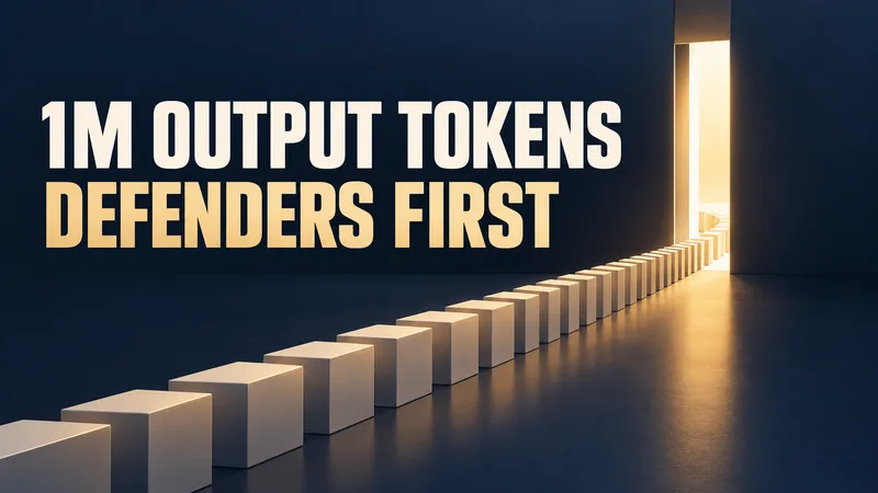 A stream of blank geometric token blocks passes through one narrow illuminated opening under the words 1M OUTPUT TOKENS and DEFENDERS FIRST.
