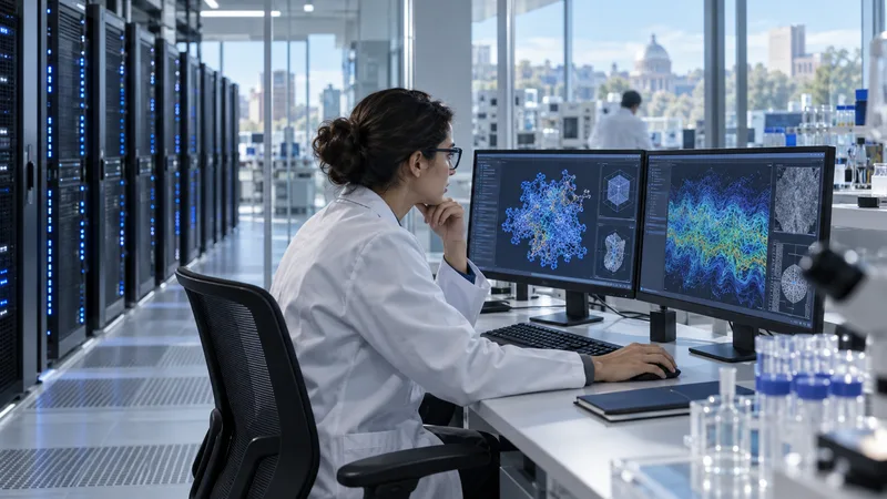 A university researcher reviews scientific visualizations beside a high-performance computing server rack.