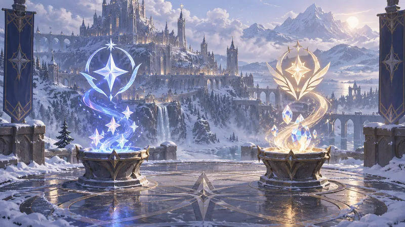 Two distinct abstract invitation emblems glow above a snowy fantasy city, with separate wish-like lights.