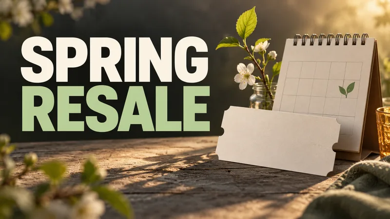 A plain unbranded ticket card sits beside a blank calendar and a small spring leaf under the words “SPRING RESALE.”