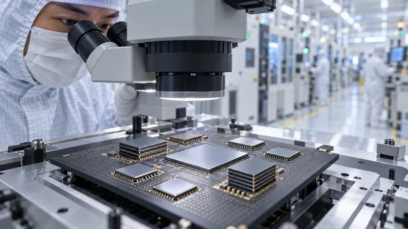 A silicon interposer and chip components shown on a clean semiconductor packaging line.
