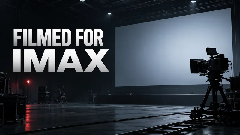 A generic cinema camera faces a blank widescreen beside the large words “FILMED FOR IMAX.”