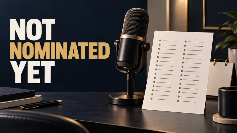 A studio microphone stands beside an anonymous paper list under the words NOT NOMINATED YET.