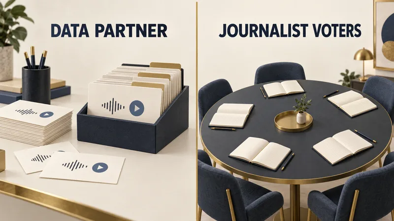 A concept diagram separates a data-partner sorting desk from a separate table of journalist voters.