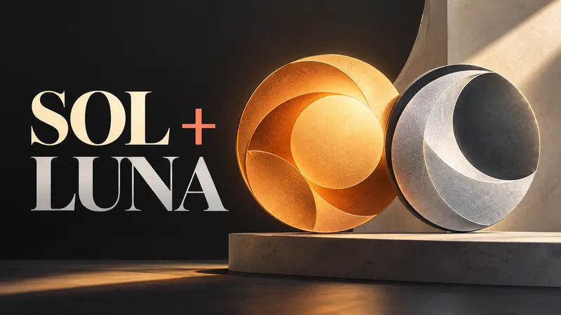 Editorial concept illustration with the large words “SOL + LUNA” beside paired abstract amber and silver model emblems.