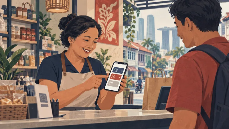 An editorial illustration of a Southeast Asian merchant using a phone for digital payments and lending services.