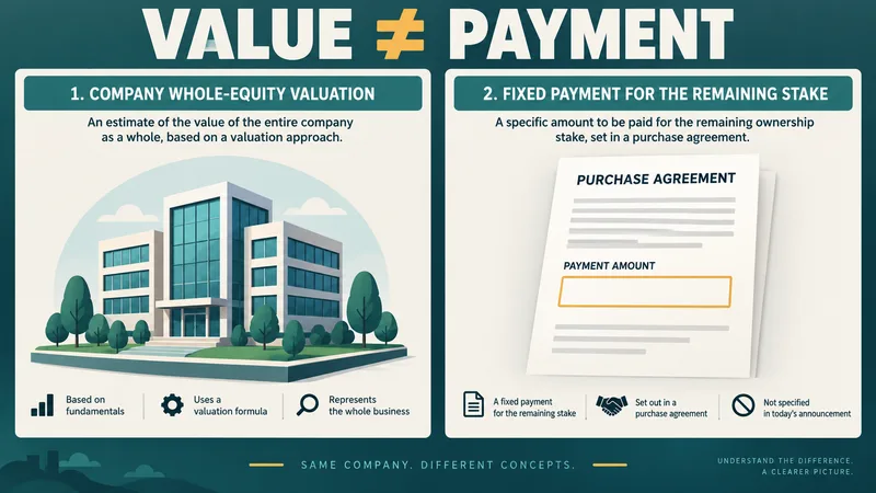 Concept graphic separating the value of a whole company from an unsigned purchase document under VALUE ≠ PAYMENT.