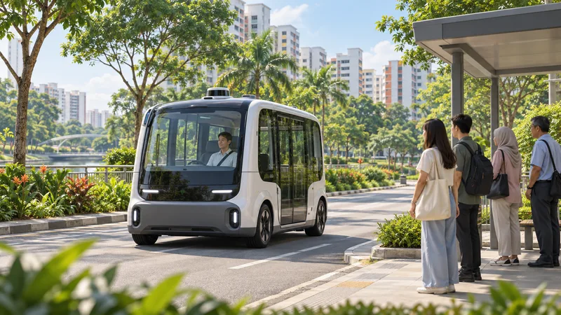 Editorial illustration of an autonomous shuttle with a safety operator at a Punggol-style Singapore pickup point.