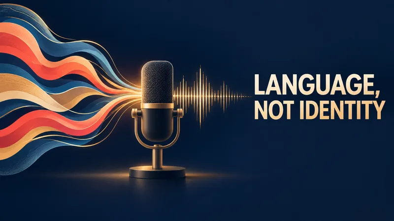 A generic studio microphone receives abstract sound-wave ribbons beside the words LANGUAGE, NOT IDENTITY.