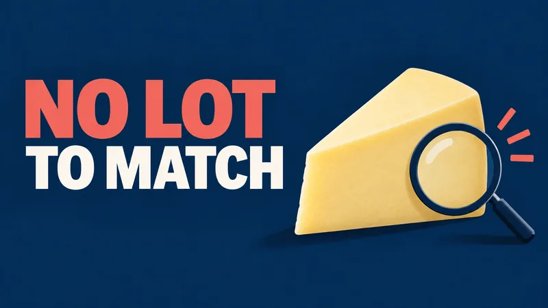 A smooth generic cheese wedge under a magnifying glass beside the words “NO LOT TO MATCH.”