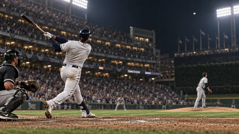 An anonymous batter finishes a swing under lights in a generic postseason ballpark.