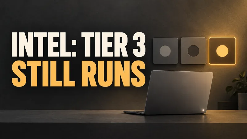 A generic computer with a small active indicator sits beside three equal status tiles, the third highlighted, under the words INTEL: TIER 3 and STILL RUNS.